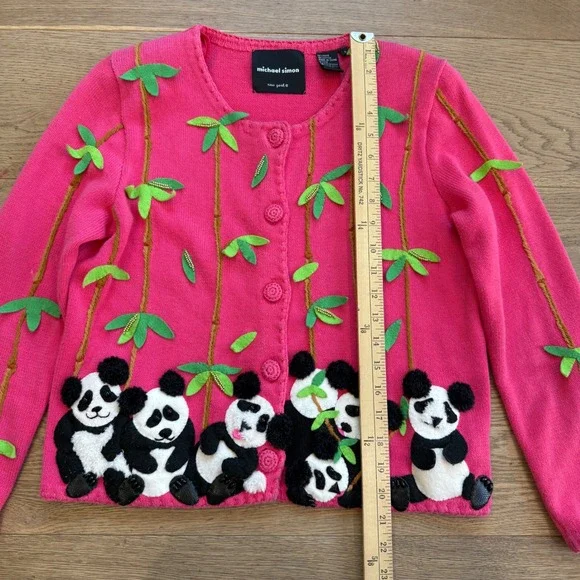 Michael Simon Vintage Panda Bamboo Pink Cardigan Sweater Womens Small Novelty 3D - Picture 6 of 10
